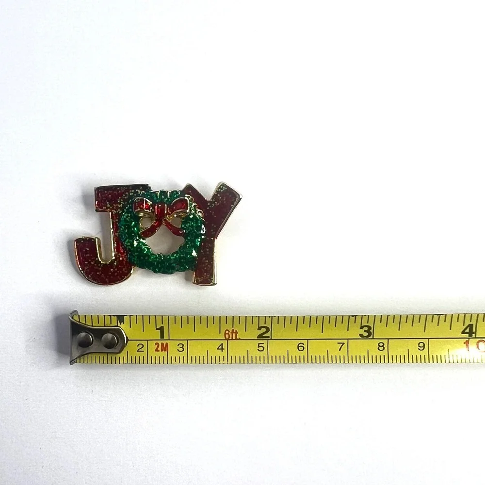 Vintage AAI Christmas Brooch JOY Enamel Glitter Red‎ Green Gold Tone Signed Pin